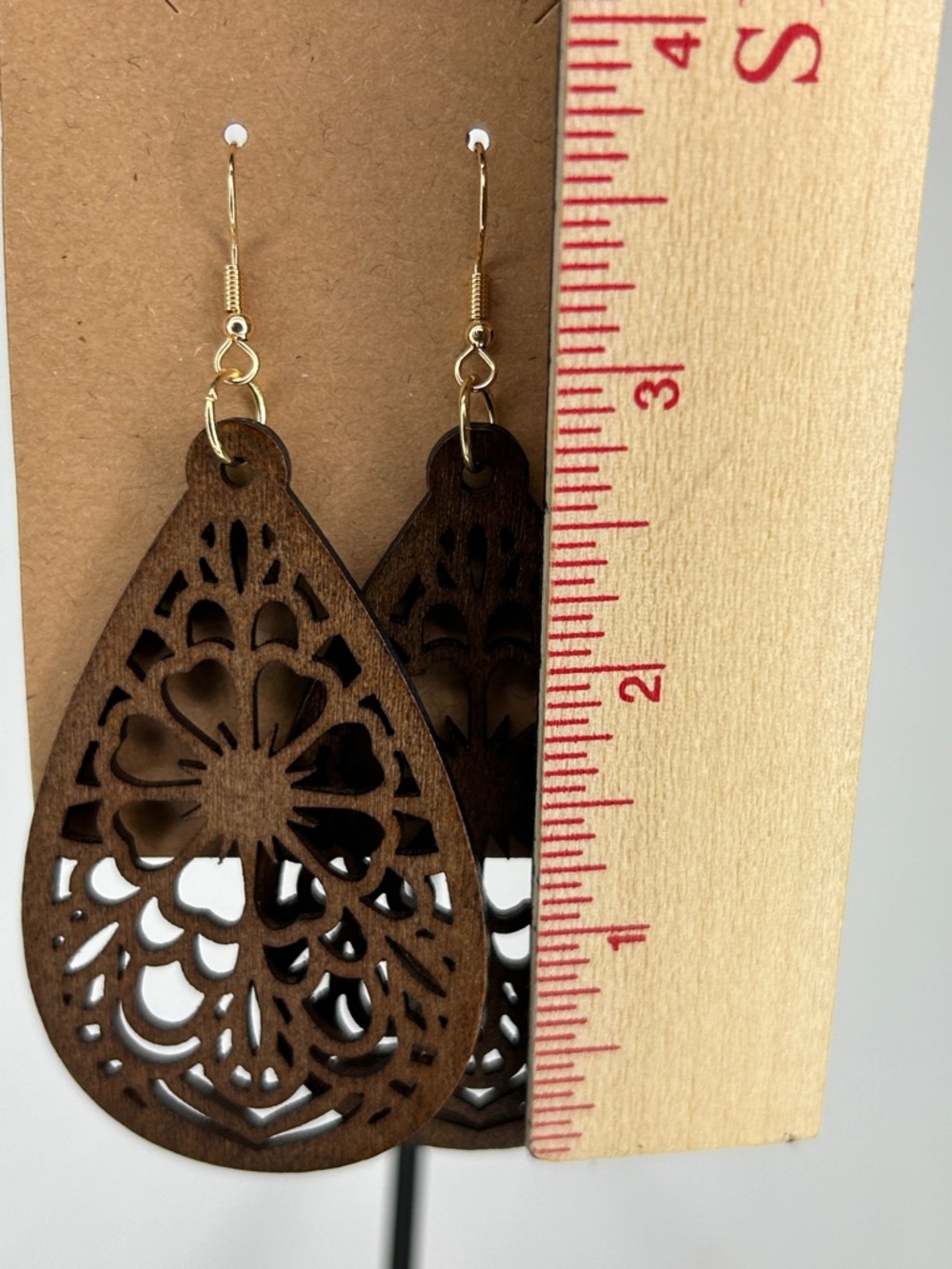 Lightweight Wooden Teardrop Filigree Earrings Brown Fashion Jewelry - Picture 2 of 4